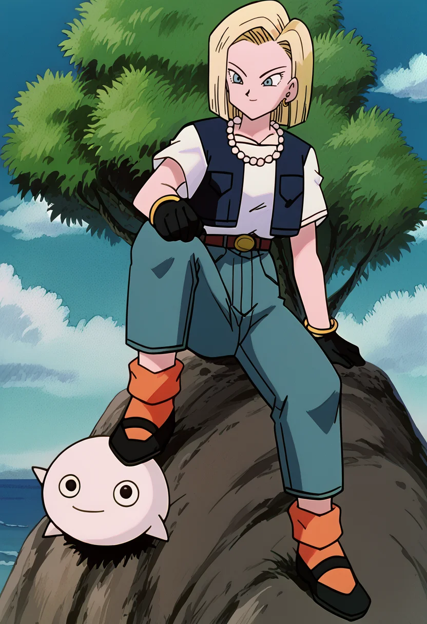 score_9,score_8_up, score_7_up, BREAK, ict style, a18, 1girl,(pokemon \(creature\):1.3), arm support, brown belt, black belt, black gloves, blonde hair, light blue eyes, blue sky, gold bangle, bush, chain necklace, closed mouth, cloud, cloudy sky, day, midnight green jeans, capri pants, yellow earrings, full body, humanoid, bald, black eyes,(1boy:1.2,pink bald animal), grass, high-waist pants, horizon, knee up, light smile, looking afar, looking to the side, ocean, orange ankle socks, outdoors, tree, retro artstyle, rock, shirt tucked in, short hair, short sleeves, sitting, sitting on rock, sky, smile, black cropped vest, white t-shirt, capri pants, open vest, pearl necklace, gold badge, black mary janes, belt buckle,multiple others, , <lora:Android18Pony:1> <lora:PokeMoviesPony:1>