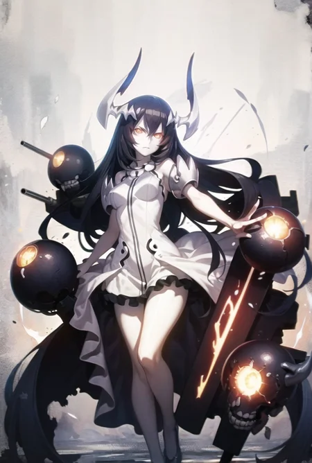 best quality, anime illustration, intricate promotional art, novel cover, anchorage water oni, abyssal ship, glaring, machinery, looking at viewer, legs apart, 1girl, (colored skin, pale skin), long black hair, orange eyes, glowing eyes, white dress <lora:Anchorage Water Oni:1>