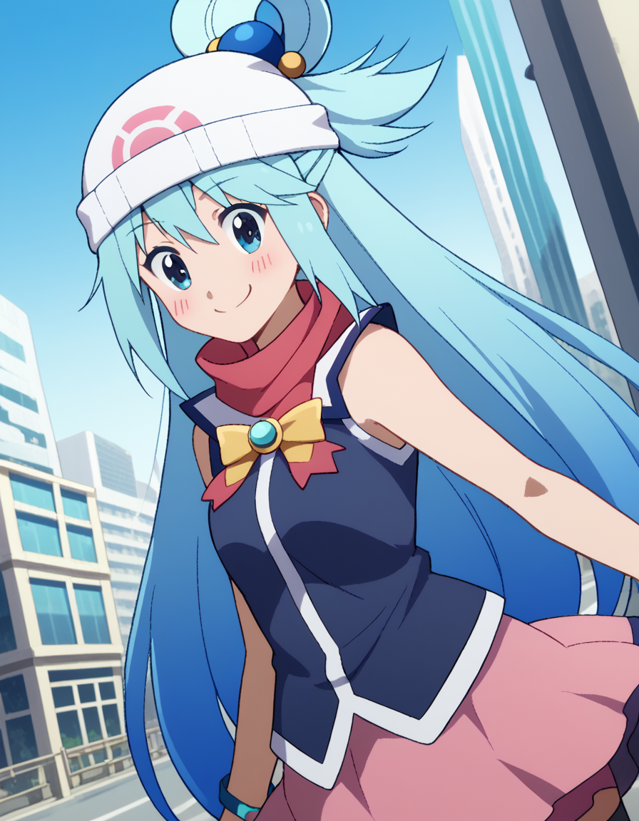 score_9, score_8_up, score_7_up, source_anime, konosubaaqua, <lora:konosuba-aqua-s2-ponyxl-lora-nochekaiser:1>, aqua (konosuba), long hair, blue eyes, hair ornament, very long hair, blue hair, hair rings, single hair ring, hair bobbles,, <lora:dawn-pokemon-cosplay-ponyxl-lora-nochekaiser:1>, dawnpokemoncosplay, dawn \(pokemon\) \(cosplay\), bare shoulders, beanie, black shirt, black socks, bracelet, hat, jewelry, kneehighs, miniskirt, pink skirt, red scarf, scarf, shirt, skirt, sleeveless, sleeveless shirt, white headwear,, cityscape, street, smile, blush,, cowboy shot, dutch angle, solo,