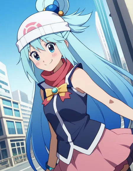 score_9, score_8_up, score_7_up, source_anime, konosubaaqua, <lora:konosuba-aqua-s2-ponyxl-lora-nochekaiser:1>, aqua (konosuba), long hair, blue eyes, hair ornament, very long hair, blue hair, hair rings, single hair ring, hair bobbles,, <lora:dawn-pokemon-cosplay-ponyxl-lora-nochekaiser:1>, dawnpokemoncosplay, dawn \(pokemon\) \(cosplay\), bare shoulders, beanie, black shirt, black socks, bracelet, hat, jewelry, kneehighs, miniskirt, pink skirt, red scarf, scarf, shirt, skirt, sleeveless, sleeveless shirt, white headwear,, cityscape, street, smile, blush,, cowboy shot, dutch angle, solo,