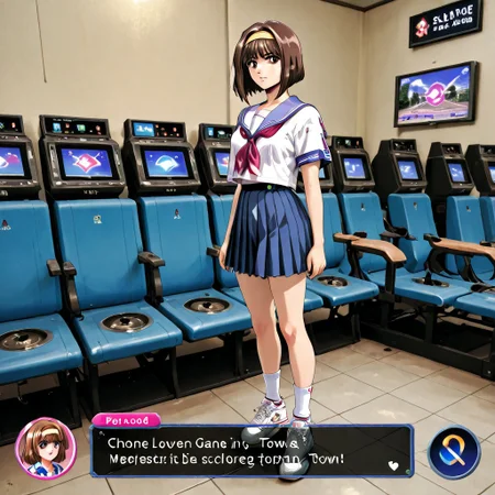 VG_SS, fake screenshot, english text,
"TRUE LOVE"
Fake video game interface.
Scrolled beat'em up.
((1 woman,))
MikaeMorikawa, brown hair, yellow hairband, medium hair, bob cut, brown eyes, , serafuku, short sleeves, blue skirt, pleated skirt, white socks, white footwear, sneakers,
backdrop is a area of high school in town in Japan, 1999.
(High Resolution), (More Details), (8K), (High Resolution)