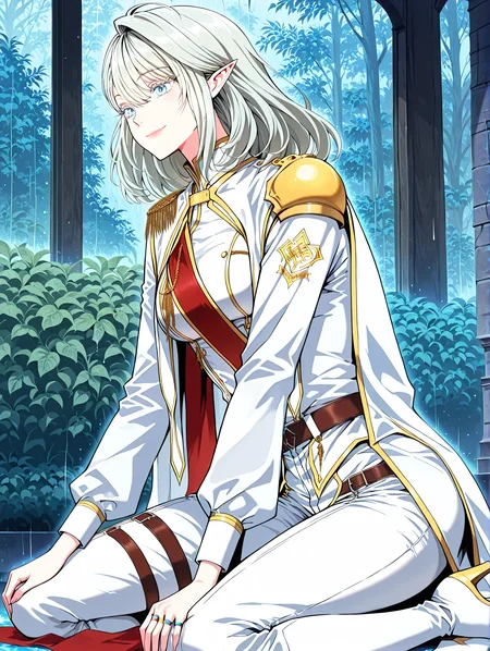 <lora:Alea_Triscan__The_Beginning_After_the_End__Illustrious:1>
1 girl, solo, elf, pointy ears, light blue eyes, grey hair, medium hair, hair behind ear, hair between eyes,ahoge, military uniform, white cape, epaulettes, ring, jewelry, white pants, long sleeves, white thigh boots, thighhighs, high heels, belt, white jacket, red sash
score_9, score_8_up, score_7_up, very aesthetic, source_anime, detailed, high quality, beautiful, detailed eyes, masterpiece, best quality, absurdres, perfect anatomy, 1girl, solo, wariza, sitting, hands on own knees, garden background, charming smile, rain, <lora:iLLMythG0thicL1nes:1>