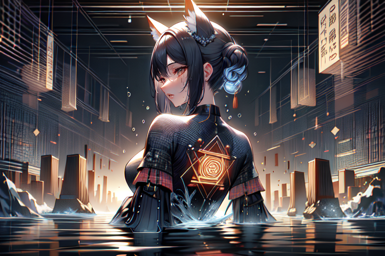 highly insanely detailed, masterpiece, top quality, best quality, highres, 4k, 8k, RAW photo, (very aesthetic, beautiful and aesthetic),  
(code_style,codestyle),english text,traditional chinese text,japanese text,(sympattern,geometric pattern:1.4), 
<lora:CodeStyle (half generic class)_564920:1>, 
(1girl:1.3), 1other, 
(in river),splash,splashing,(twilight background,low horizon),backlighting,âââ