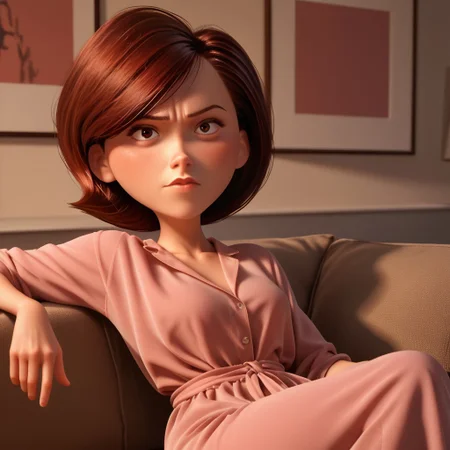 score_9, score_8_up, score_7_up, score_6_up, score_5_up, score_4_up, rating_questionable, 1girl, Hel_enParr, on a couch, seductive look, short hair, dark red hair, big hips, blouse