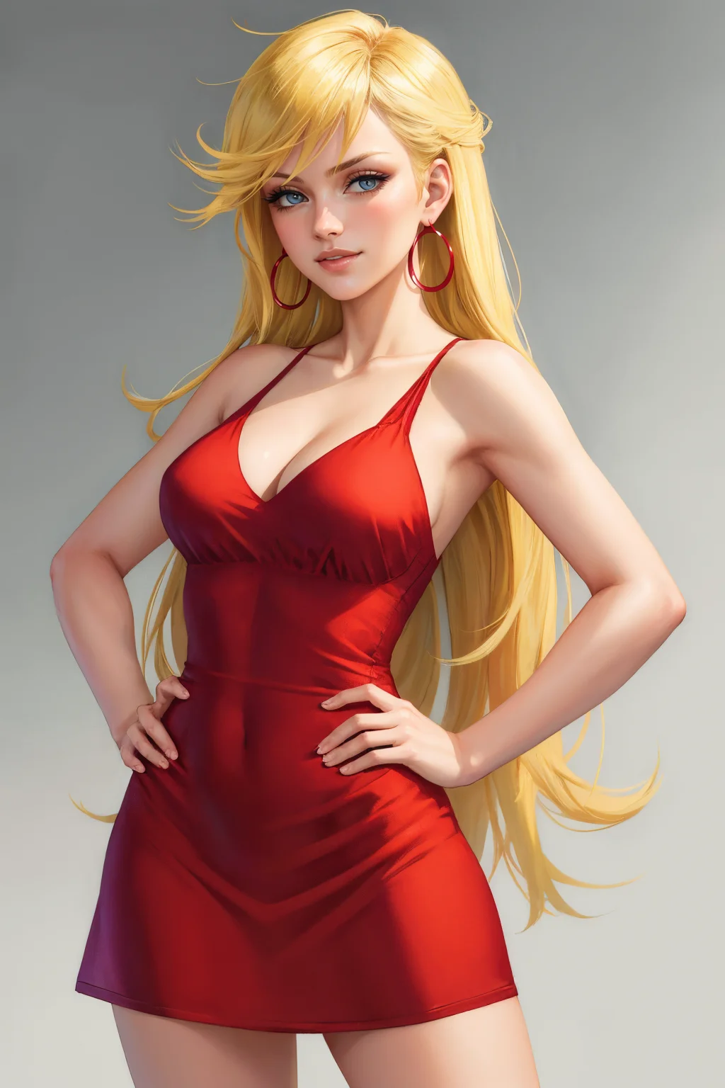 (masterpiece, best quality:1.2), solo, 1girl, psgpanty, smirk, looking at viewer, hand on hip, red dress, sleeveless, hoop earrings, bare shoulders, cleavage <lora:psg_panty:1>