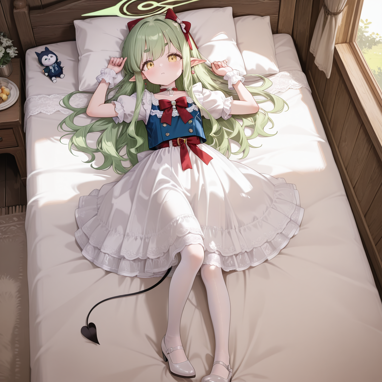 Positive: Masterpiece, best quality, amazing quality, very aesthetic, high resolution, ultra-detailed, absurdres,
1girl, solo, 
hikari-default,hikari_\(blue archive\),yellow eyes,green hair,long hair,earring,pointy ears,halo,tail,
blue top white skirt red accented lace bow dress,
blue vest,white dress,red bow,puffy short sleeves,frilled dress,lace trim,apron,wrist cuffs,choker,lace,frills,
hair bow,
white pumps with bow,white_pantyhose, 
full_body,Lying on the side，from_above, 
Woodland cabin, antique bed, natural lighting, earthy palette, misty atmosphere, floral textures, cozy interior, rustic charm, soft diffusion,apples on bed,