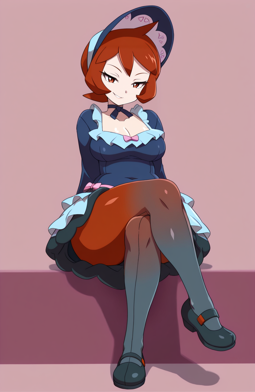 1girl, solo, 
, servant attire, frilly blouse, tiered skirt, pantyhose, flat shoes, bonnet, arezu \(pokemon\),  red hair, plump,
sitting, crossed legs, soft eyes, inviting smirk, sensual presence,  <lora:SevenSirens:1> svnsrn, extremely detailed, highres, masterpiece, best quality