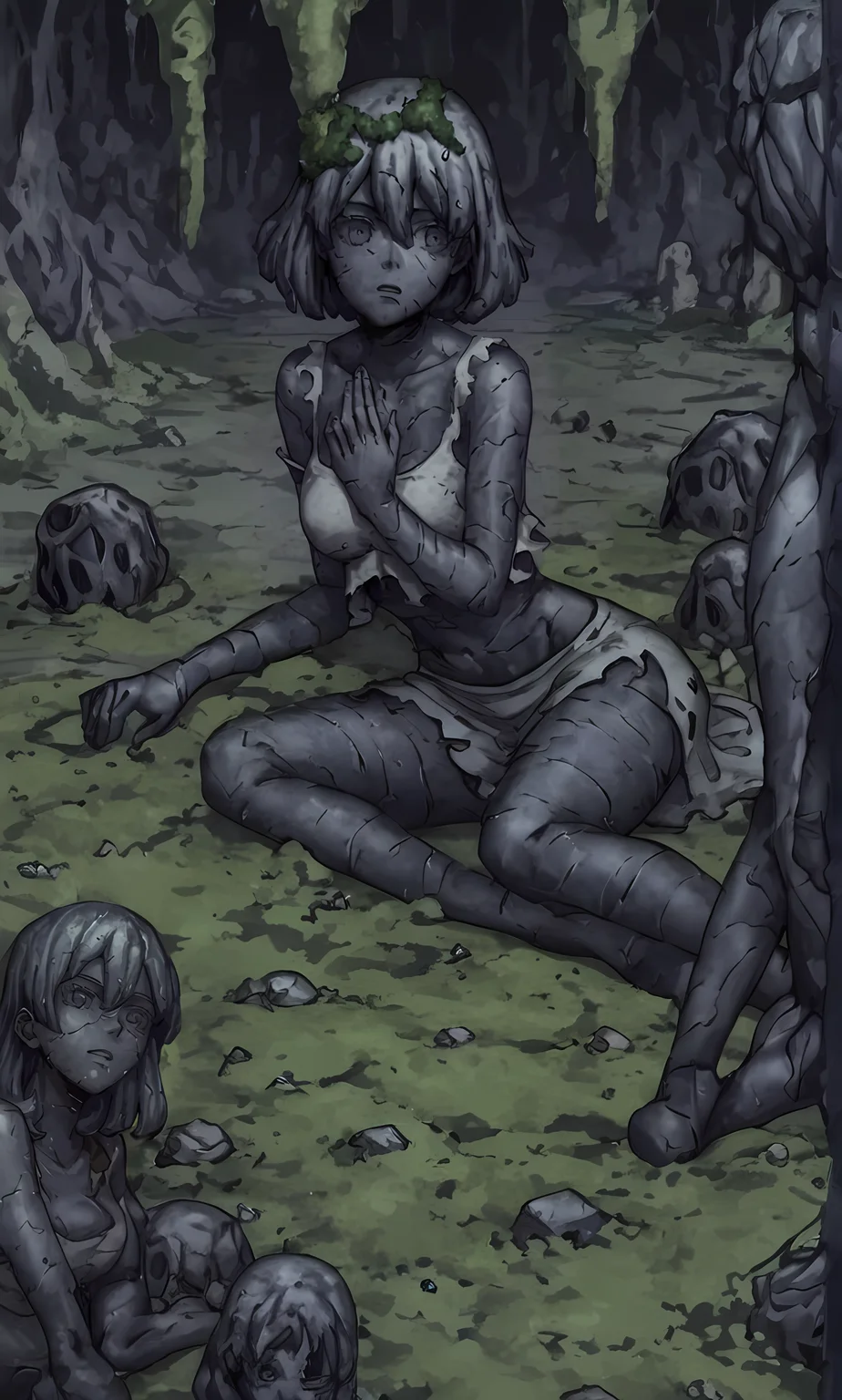 score_8_up, score_7_up, source_manga, rating_questionable, st0n3W0rld, turned to stone, stone statue, girl, decayed clothing, in a dark cave with moss, scattered fragment statues <lora:Petrification_-_Stone_World_-_Dr_Stone:0.8>