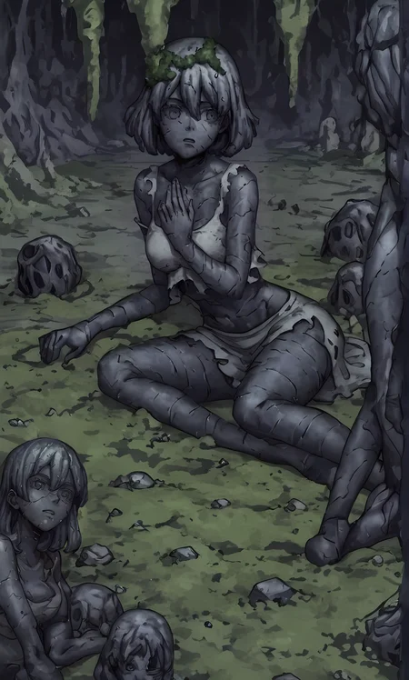 score_8_up, score_7_up, source_manga, rating_questionable, st0n3W0rld, turned to stone, stone statue, girl, decayed clothing, in a dark cave with moss, scattered fragment statues <lora:Petrification_-_Stone_World_-_Dr_Stone:0.8>