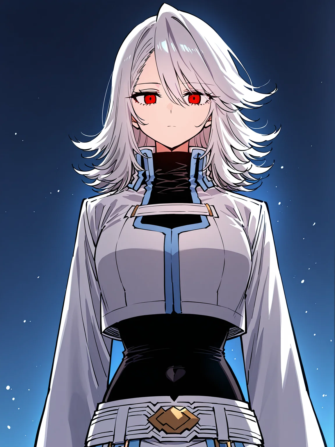 <lora:Player__Manhwa__Nagi:1>
1girl, solo, white hair, medium hair, layered hair, wavy hair, swept bangs, red eyes, expressionless, neutral face, long sleeves, high collar
white cropped jacket, short jacket, open chest design, decorative chest strap, white chest band, high collar, long sleeves, gold accents, layered clothing, thigh-high black stockings, black tight top, black bodysuit, high collar, split skirt overlay, skin-tight underlayer garter belt, thigh strap, black boots, decorative belt, gold buckle,
score_9, score_8_up, score_7_up, score_6_up, source_anime, rating_explicit, masterpiece, best quality, intricate details, gothic fantasy, upper body portrait, dramatic pose, confident gaze, cinematic lighting, clean background, glowing magical particles, detailed face, vibrant colors