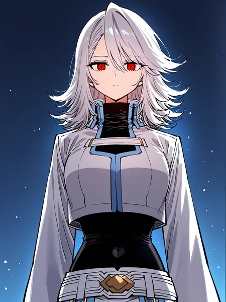 <lora:Player__Manhwa__Nagi:1>
1girl, solo, white hair, medium hair, layered hair, wavy hair, swept bangs, red eyes, expressionless, neutral face, long sleeves, high collar
white cropped jacket, short jacket, open chest design, decorative chest strap, white chest band, high collar, long sleeves, gold accents, layered clothing, thigh-high black stockings, black tight top, black bodysuit, high collar, split skirt overlay, skin-tight underlayer garter belt, thigh strap, black boots, decorative belt, gold buckle,
score_9, score_8_up, score_7_up, score_6_up, source_anime, rating_explicit, masterpiece, best quality, intricate details, gothic fantasy, upper body portrait, dramatic pose, confident gaze, cinematic lighting, clean background, glowing magical particles, detailed face, vibrant colors