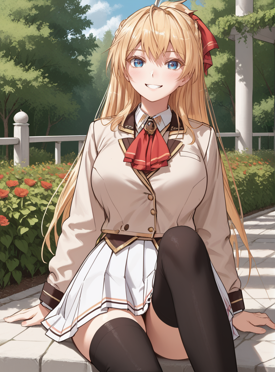 score_9_up, score_8_up, score_7_up, (Anime_source), in garden, looking at viewer, (4k), (facing viewer:1.5), smile, big breasts, (large breasts:1.4)  <lora:Anastasia_-_Chounin_A_wa_Akuyaku_Reijou_wo_Doushitemo_Sukuitai-PONY-Kaleid:1> anastacia, 1girl, long hair, blonde hair, blue eyes, skirt, thighhighs, pleated skirt, school uniform, zettai ryouiki, hair ribbon, large breasts, sitting,