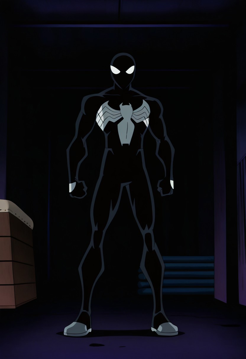 anime screencap, anime coloring, masterpiece, best quality, amazing quality, absurdres, wide shot, full body shot, male focus, 1boy, solo, black bodysuit, mask, superhero, muscular, white eyes,
indoors, industrial, gym_storeroom, dark_theme,fca style