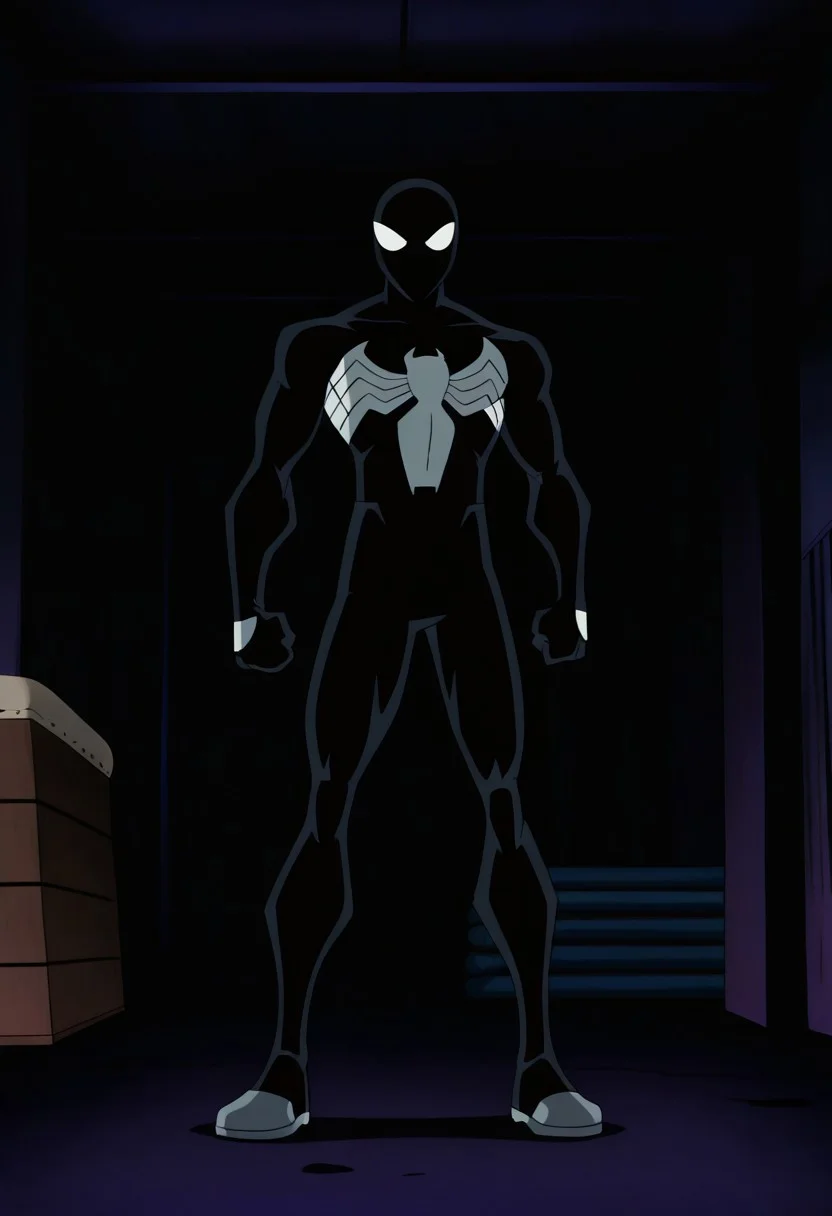 anime screencap, anime coloring, masterpiece, best quality, amazing quality, absurdres, wide shot, full body shot, male focus, 1boy, solo, black bodysuit, mask, superhero, muscular, white eyes,
indoors, industrial, gym_storeroom, dark_theme,fca style