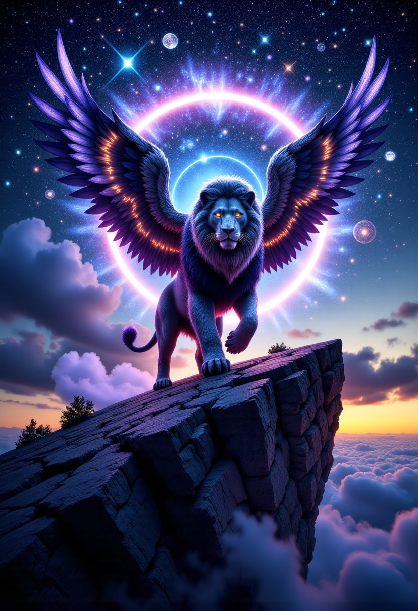 ultra detailed artwork of a massive winged lion with sapphire fur and celestial runes etched into its mane, standing atop a floating obsidian mountain in a night sky full of galaxies, its eyes glowing with divine fire, surrounded by orbiting constellations forming a halo, divine storm clouds below, camera angle from low perspective, cinematic fantasy realism, stars reflecting off its wings
, aidmaHiDreamStyle , aidmaHyperrealism, aidmamtgcard