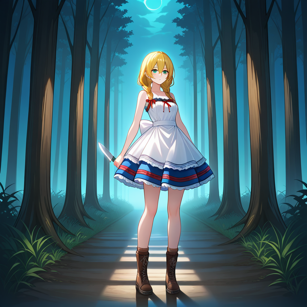 foggy forest path, distant figure, unnatural silence, disturbing tranquility, suspenseful mood, ambiguous horror ending, cinematic composition,fog, night,forest
1girl,<lora:witch_viola:1>,Witch_viola,blonde hair,braid,green eyes,twin blaid,long hair,hair between eyes,viola_outfit,dress,sleeveless,bare shoulders,boots,brown footwear,sleeveless dress,white dress,apron,cross-laced footwear,frills,knife
