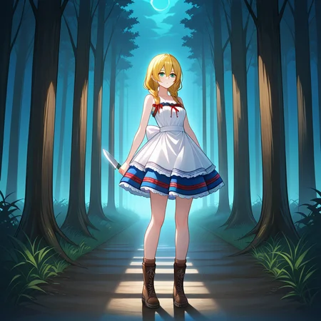 foggy forest path, distant figure, unnatural silence, disturbing tranquility, suspenseful mood, ambiguous horror ending, cinematic composition,fog, night,forest
1girl,<lora:witch_viola:1>,Witch_viola,blonde hair,braid,green eyes,twin blaid,long hair,hair between eyes,viola_outfit,dress,sleeveless,bare shoulders,boots,brown footwear,sleeveless dress,white dress,apron,cross-laced footwear,frills,knife