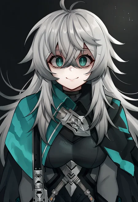 score_9, score_8_up, score_7_up, score_6_up, source_anime, BREAK upper body, gradient background, black background, 1girl, <lora:KatjaPDXL-v2-17:1> katja, long hair, grey hair, aqua eyes, hair between eyes, ahoge, bodysuit, cape, gloves, large breasts, blank stare, looking at viewer, forced smile, glowing eyes,