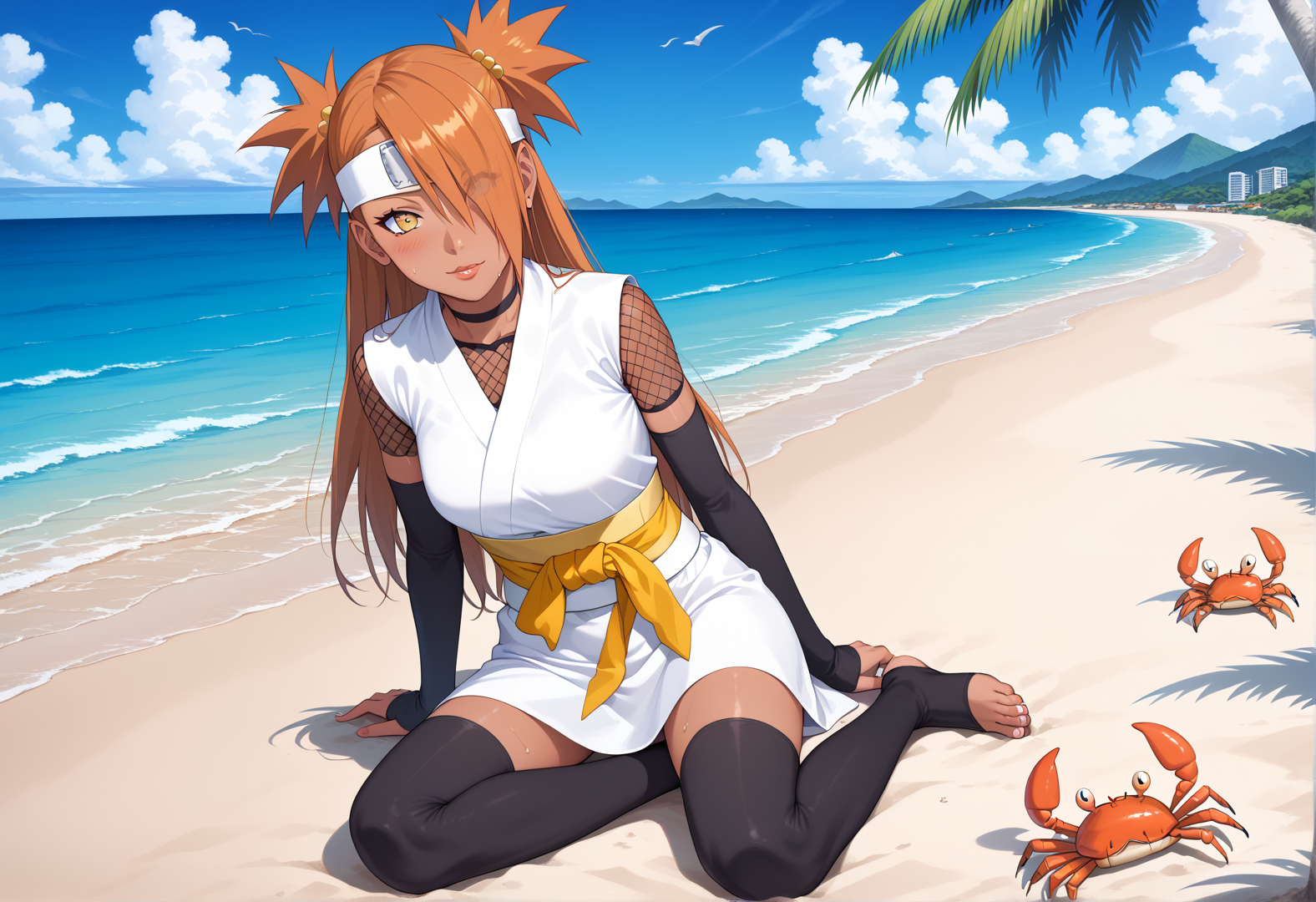 score_9, score_8_up, score_7_up, score_6_up,
source_anime, masterpiece, newest, Highly detailed, 1girl, 1boy, slender, innocent, chocho akimichi, chodef, forehead protector, beautiful face, (dark skin, dark skinned woman), sweat, orange hair, lip gloss, Mascara, two spiky ponytails, long hair, head tilt, shy, blush, hair over left eye, white kimono, sleeveless, (fishnet shirt), yellow sash, dark yellow ribbon, black arm warmer, toeless footwear, black thighhighs, asymmetrical perky teardrop-shaped boobs, athletic build, candid shot, full body, seagull, crab, coastline, outdoors, beach, dust, sandy air, golden hour, palm tree, wind, realistic shadows, <lora:Akimichi_Chocho_pony_rc4-000008:1>, (mischievous, sultry, yellow dress, beach, island, sparing, Chocho holds her arms out wide)