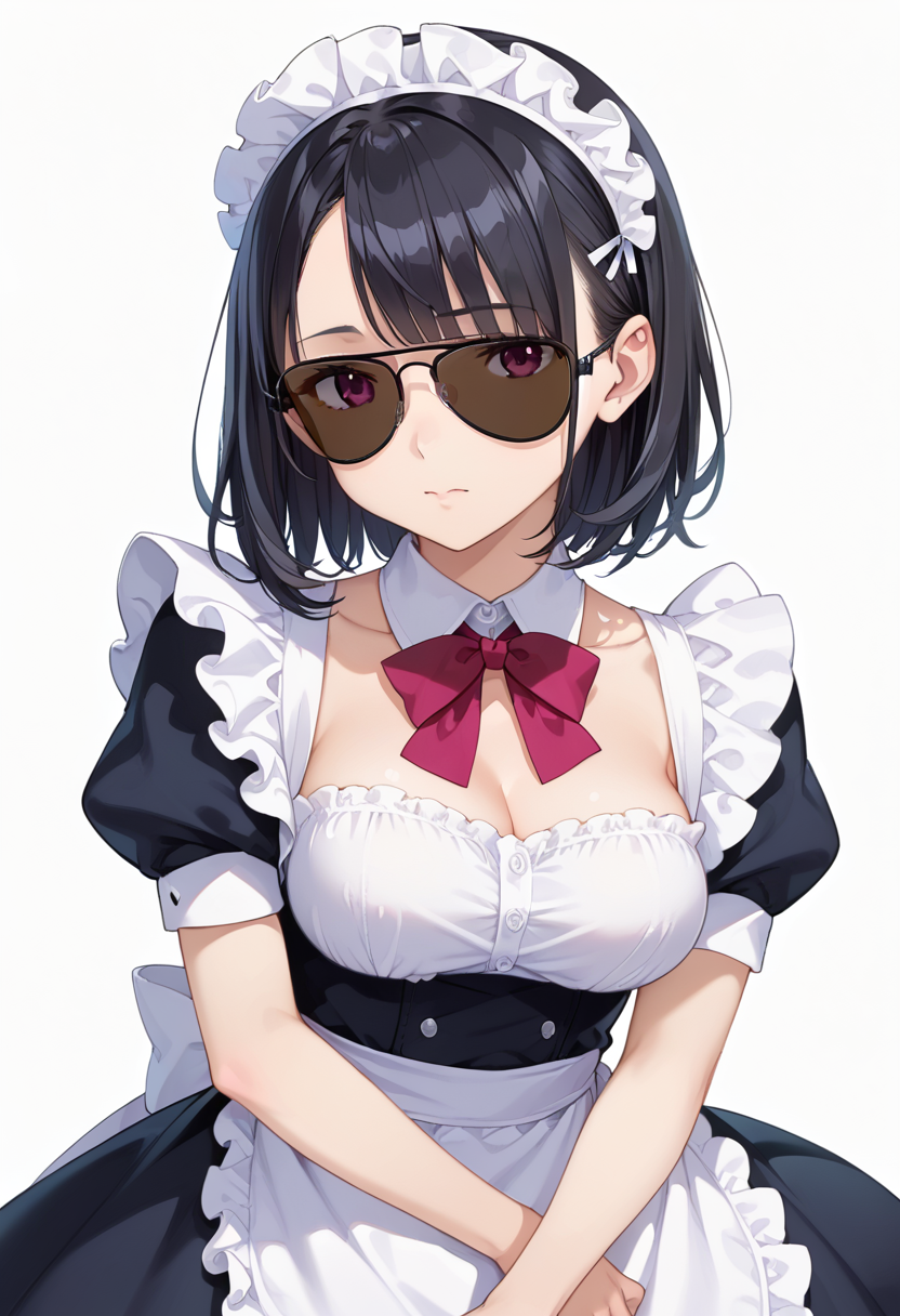 score_9, score_8_up, score_7_up, rating_safe, masterpiece, best quality, absurdres, unity 8k wallpaper, official art, official style, source_anime, uncensored, game cg, megami magazine,
1girl, solo, black hair, medium hair, upper body, maid, maid headdress, black dress, maid apron,
sg-AVIATOR, sunglasses, dark-tinted eyewear, covered eyes, white background, simple background, black-framed eyewear
 <lora:glasses_aviator_PONY_V2:1>