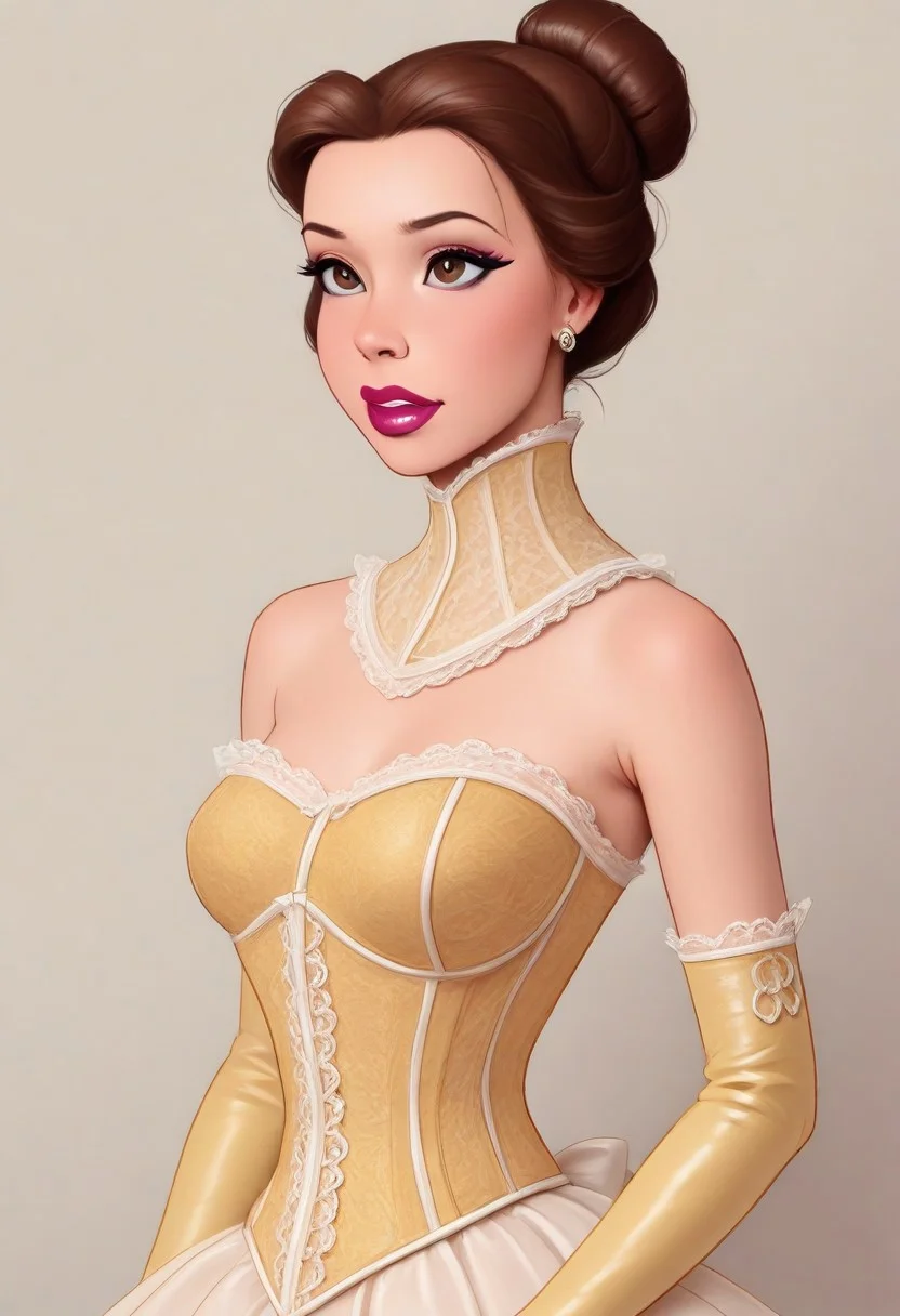 Masterpiece, best quality, amazing quality, absurdres, highly detailed, very aesthetic, 1girl, BelleXL, brown hair, brown eyes, jewelry, single hair bun, lipstick, makeup, NeckCorset, lace, posture, yellow corset, bare shoulders, elbow gloves,