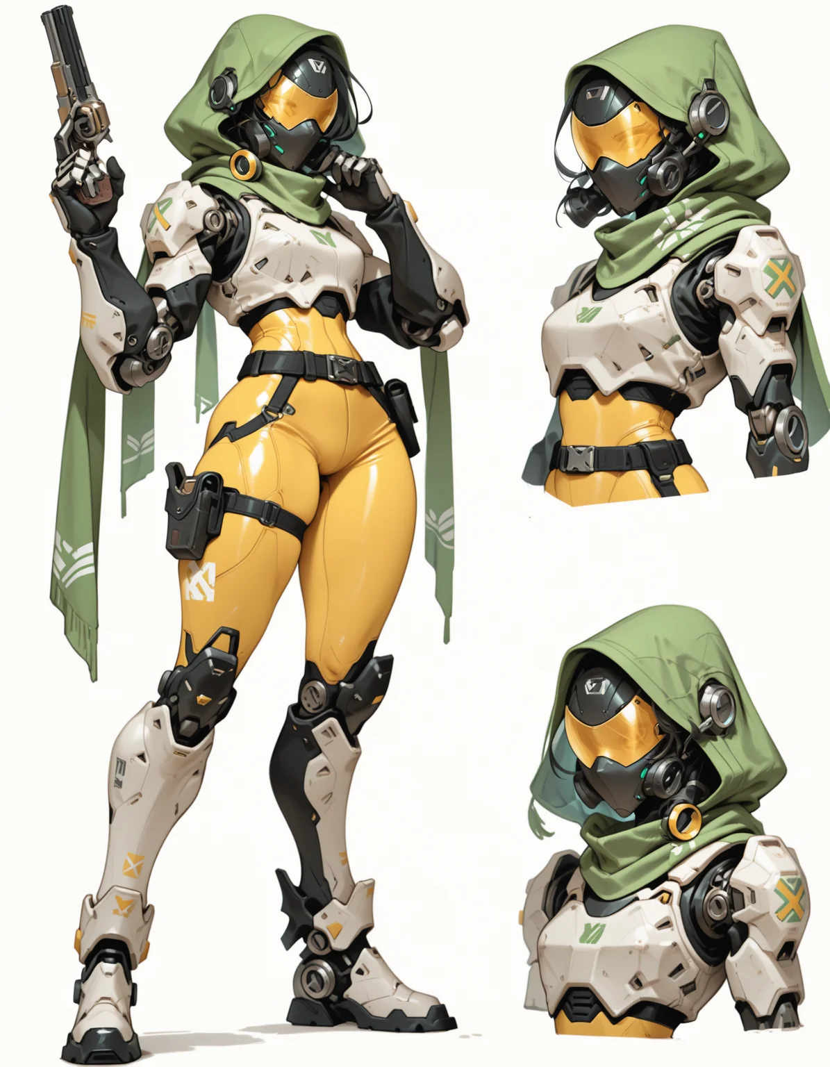 <lora:CharacterDesignIllustrious_Concept:0.8> CharacterDesignIllustrious, 1girl, slim, green hood and scarf, mecha, robot, white light armor, bright yellow bodysuit, black belt, cyan lights, bright yellow mask, visor, mechanical boots, mechanical arms, holding yellow revolver pistol, dual-wield, science fiction , reference sheet, simple white background, (full body), dynamic pose, masterpiece, very awa, best quality, amazing quality, very aesthetic, absurdres, newest, intricate details <lora:NijijourneyNoob_byKonan:1>