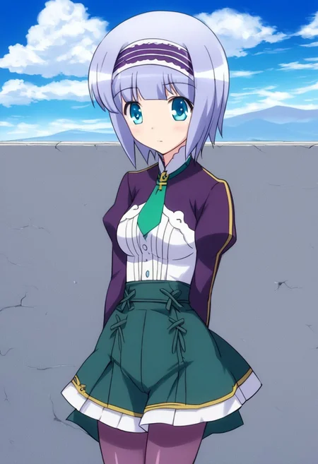 score_4_up, linze silhoueska, short hair, pantyhose, hairband, skirt, 1girl, sky, day, necktie, cloud, purple pantyhose, solo, blue eyes