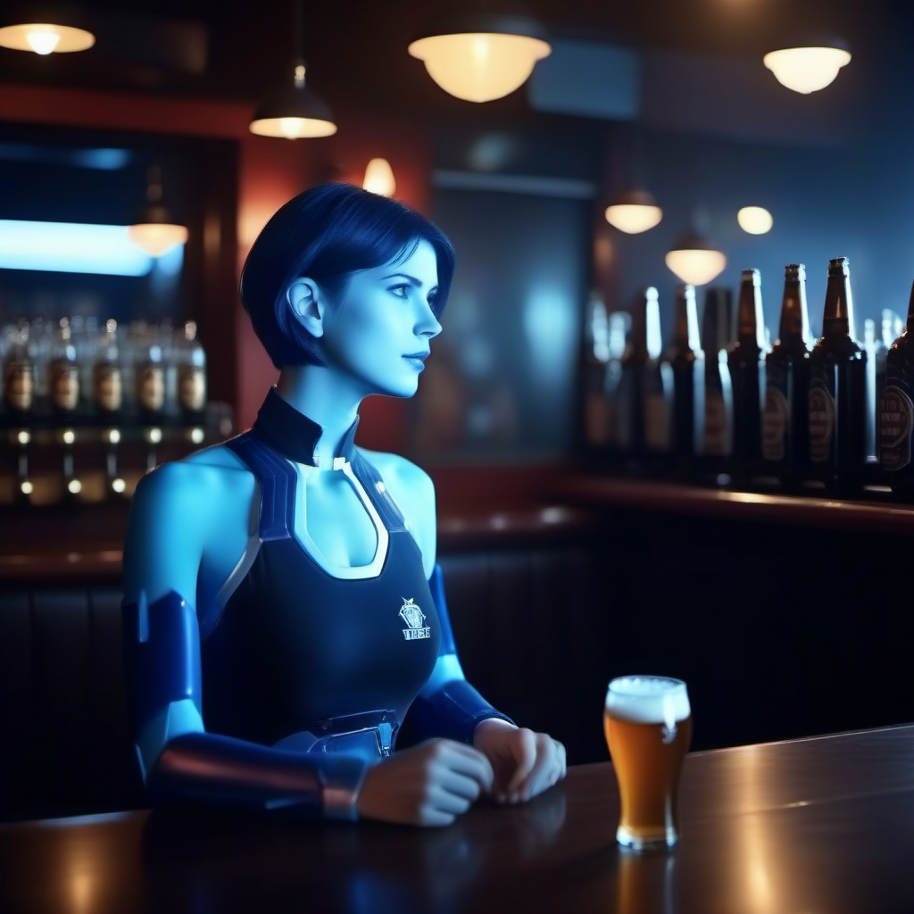 cinematic photo 1girl, short hair, blue skin, science fiction, having a beer in a pub  <lora:Cortana1024:0.8> . 35mm photograph, film, bokeh, professional, 4k, highly detailed