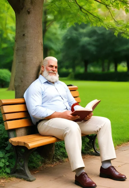 reinhardt sitting on a park bench reading a book,smiling,full body,best quality,8K,UHD,<lora:xl-reinhardt-000012:0.8>,scar across eye,beard,white hair,