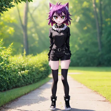 totless,full body, 1girl, outfit1, spiked collar , outdoor background, heterochromia