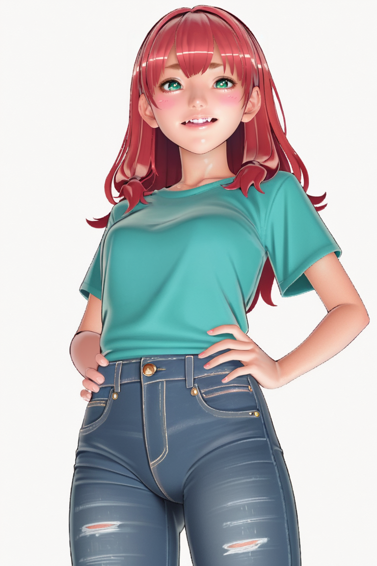 <lora:Stargate3D:1>, score_9, score_8_up, score_7_up, score_6_up, score_5_up, rating_questionable, source cartoon
1girl, pretty face, pretty eyes, detailed eyes, HD eyes, thick thighs
hands on hips, standing, cowboy shot
looking at viewer, blush, eyebrows, long hair, red hair, green eyes jeans, green t-shirt, boots, high waisted jeans
simple background, white background