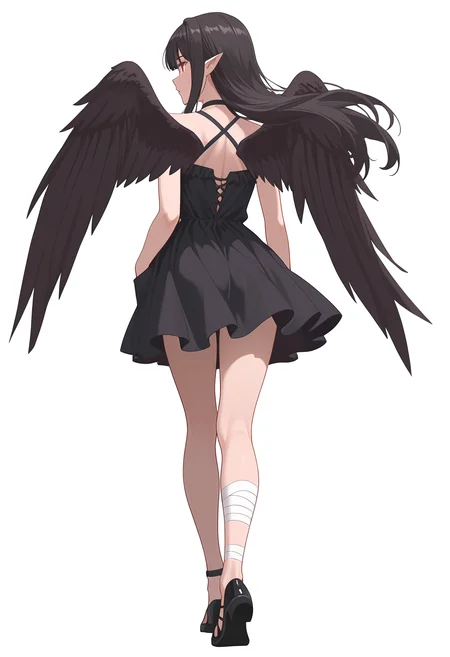 Smooth Quality,masterpiece,very intricate, high quality details, ultra realistic, high detailed skin,detailed enviorement,absurdres,
simple background, white background,
from behind,pensive,walking, one hand in pocket, looking aside, casual, confident,  ,
 <lora:Reese_evecnn:0.8>evecnn,1girl, long hair, black hair, red eyes, pointy ears, bangs, black dress, sleeveless dress, halterneck, criss-cross halter, choker, shoes, black footwear, black wings, feathered wings, bandages,