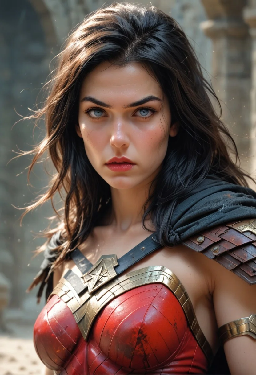 score_9, score_8_up, score_7_up,  1girl, wonder woman, 18 years old, raven black long hair, big blue eyes, looking up to the side, ready for action, sword and shield, medium breasts, fierce, determined, heavy make up, big red lips, colorful, beautiful face, from below, looking at viewer, standing with legs apart,<lora:Expressive_H-000001:0.8>, expressiveH   <lora:Fant5yP0ny:0.9> <lora:Pony_DetailV1.0:0.9>