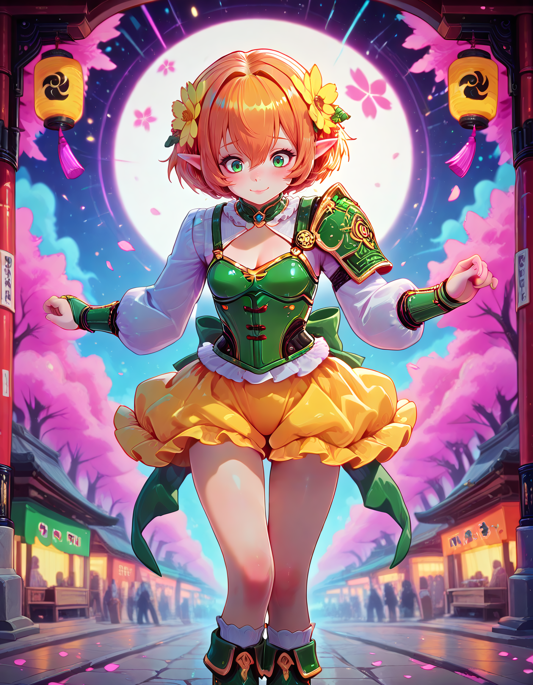 Smooth Quality <lora:michelle_IL:1> michelle, short hair, blonde hair, orange hair, hair flower, pointy ears, elf, green eyes, hair between eyes, yellow flower, aged down, small breasts, white shirt, long sleeves, frills, green vest, yellow skirt, socks, green footwear, yellow footwear, 1girl, armor, blurry, blurry_background, bridal_gauntlets, cherry_blossoms, cleavage, closed_mouth, falling_petals, floating, glowing, glowing_petals, gradient_background, hand_on_own_shoulder, hands_up, light_smile, looking_down, mitsudomoe_\(shape\), petals, purple_background, purple_nails, shoulder_armor, solo, standing, thigh_gap, thighs, tomoe_\(symbol\), festival_night, yukata_loosely_worn, firework_background, lantern_glow, crowded_street, festive_mood, shy_glance, (icecake:1.1),, <lora:PinkieNeonCybercoreIL:1> pinkneoncybercore, detailed eyes, detailed face, detailed skin <lora:DetailedEyes_V3:1> <lora:cfg_scale_boost:0.7> <lora:lightingSlider:1> late night (volumetric lighting:1.5), <lora:Crazy_Btch_-_Psychopath_expression:1> psych0path