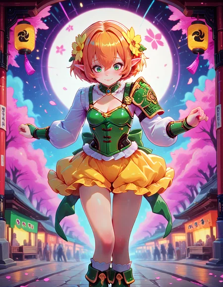 Smooth Quality <lora:michelle_IL:1> michelle, short hair, blonde hair, orange hair, hair flower, pointy ears, elf, green eyes, hair between eyes, yellow flower, aged down, small breasts, white shirt, long sleeves, frills, green vest, yellow skirt, socks, green footwear, yellow footwear, 1girl, armor, blurry, blurry_background, bridal_gauntlets, cherry_blossoms, cleavage, closed_mouth, falling_petals, floating, glowing, glowing_petals, gradient_background, hand_on_own_shoulder, hands_up, light_smile, looking_down, mitsudomoe_\(shape\), petals, purple_background, purple_nails, shoulder_armor, solo, standing, thigh_gap, thighs, tomoe_\(symbol\), festival_night, yukata_loosely_worn, firework_background, lantern_glow, crowded_street, festive_mood, shy_glance, (icecake:1.1),, <lora:PinkieNeonCybercoreIL:1> pinkneoncybercore, detailed eyes, detailed face, detailed skin <lora:DetailedEyes_V3:1> <lora:cfg_scale_boost:0.7> <lora:lightingSlider:1> late night (volumetric lighting:1.5), <lora:Crazy_Btch_-_Psychopath_expression:1> psych0path