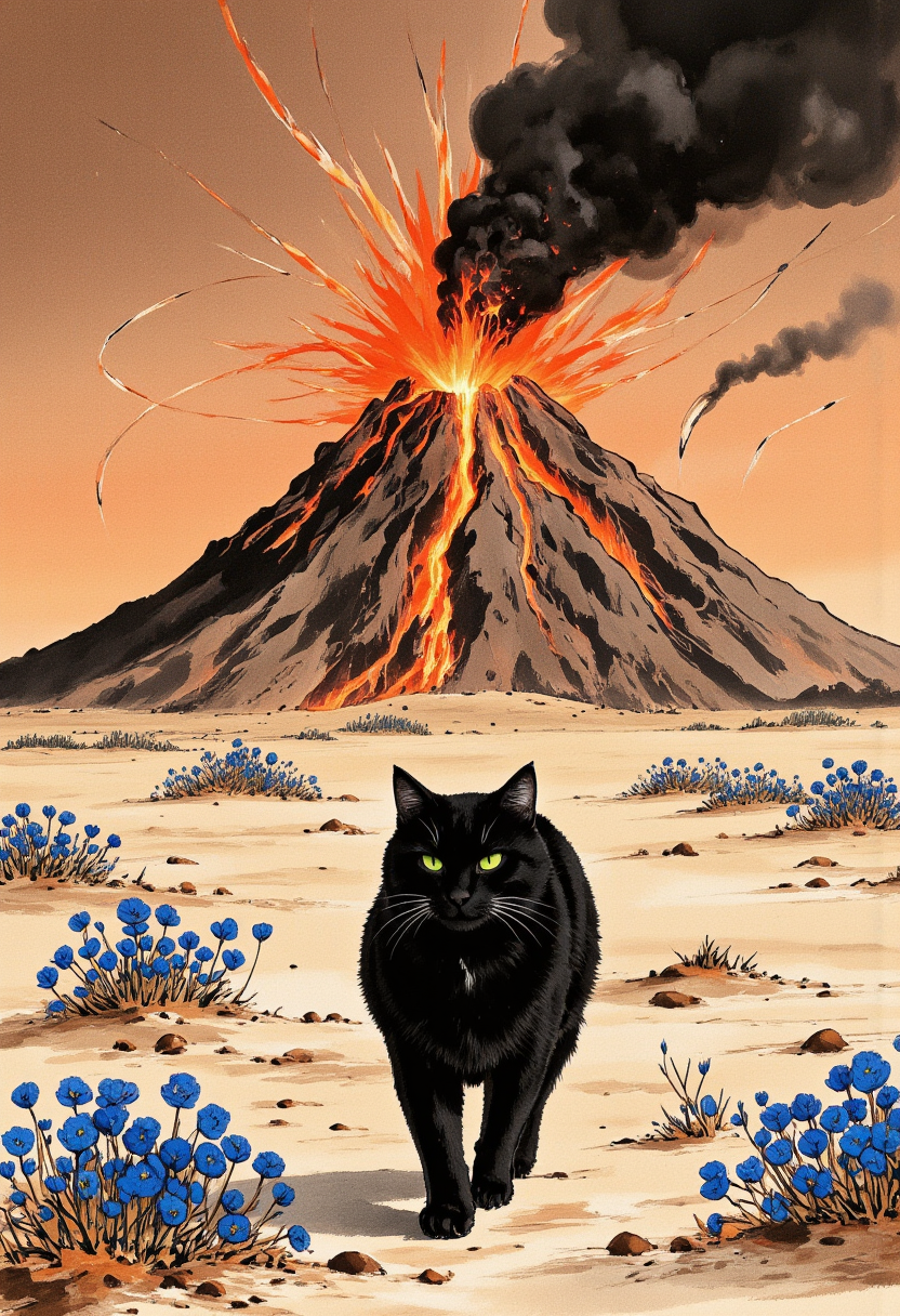 An image in style of ink wash painting, featuring a ((black cat)) with ((piercing green eyes)) walking confidently toward viewer against the backdrop of an ((erupting volcano)). The volcano belches ((massive plumes of ash and smoke)) into the atmosphere. The sky is a ((somber amber hue of dawn)), streaked with numerous ((rocket trails)) ascending into space as humanity attempts to escape the dying Earth. The cat appears completely unfazed, maintaining a dignified, steady pace. Surrounding the feline are clusters of ((blue flowers mysteriously engulfed in blue flames)), yet remaining unconsumed. ((Ash particles and glowing embers)) float densely through the air, creating a dramatic contrast with the cat's dark silhouette. The apocalyptic scene is rendered in spectacular detail, capturing the extraordinary juxtaposition of the calm creature against the catastrophic landscape. <lora:Shuimozhuangshi_Ink_wash_painting_style_v2.7:1>