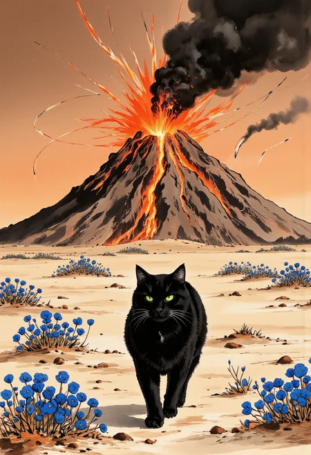 An image in style of ink wash painting, featuring a ((black cat)) with ((piercing green eyes)) walking confidently toward viewer against the backdrop of an ((erupting volcano)). The volcano belches ((massive plumes of ash and smoke)) into the atmosphere. The sky is a ((somber amber hue of dawn)), streaked with numerous ((rocket trails)) ascending into space as humanity attempts to escape the dying Earth. The cat appears completely unfazed, maintaining a dignified, steady pace. Surrounding the feline are clusters of ((blue flowers mysteriously engulfed in blue flames)), yet remaining unconsumed. ((Ash particles and glowing embers)) float densely through the air, creating a dramatic contrast with the cat's dark silhouette. The apocalyptic scene is rendered in spectacular detail, capturing the extraordinary juxtaposition of the calm creature against the catastrophic landscape. <lora:Shuimozhuangshi_Ink_wash_painting_style_v2.7:1>