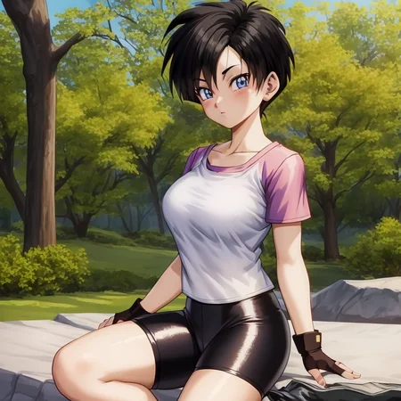 Videl, 1girl, anime screencap, highly detailed, 8k, masterpiece, best quality, spiked hair. biker shorts, looking at viewer, forest, blue eyes