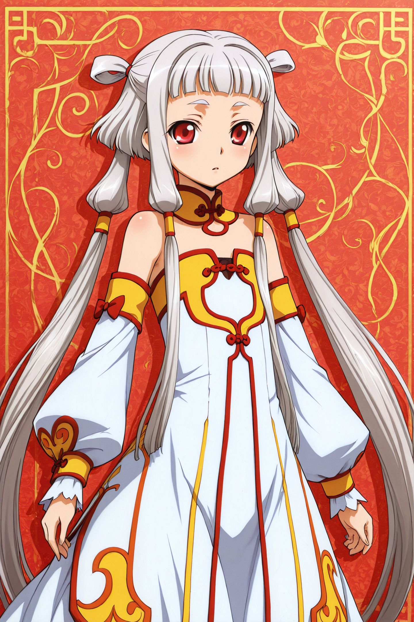 tianzi,1girl,solo,long hair,red eyes,white hair,albino,twintails,grey hair,quad tails,very long hair,bangs,hair rings,sidelocks,dress,chinese clothes,bare shoulders,long sleeves,detached sleeves,
<lora:Takahiro Kimura_illustriousXL:1.5>,