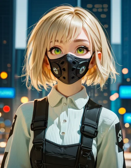 zPDXL2, <lora:TechwearV2:1>, t3chwear,
1girl, cute face, detailed eyes, short blonde hair, green eyes, black face mask, closeup, city in the background