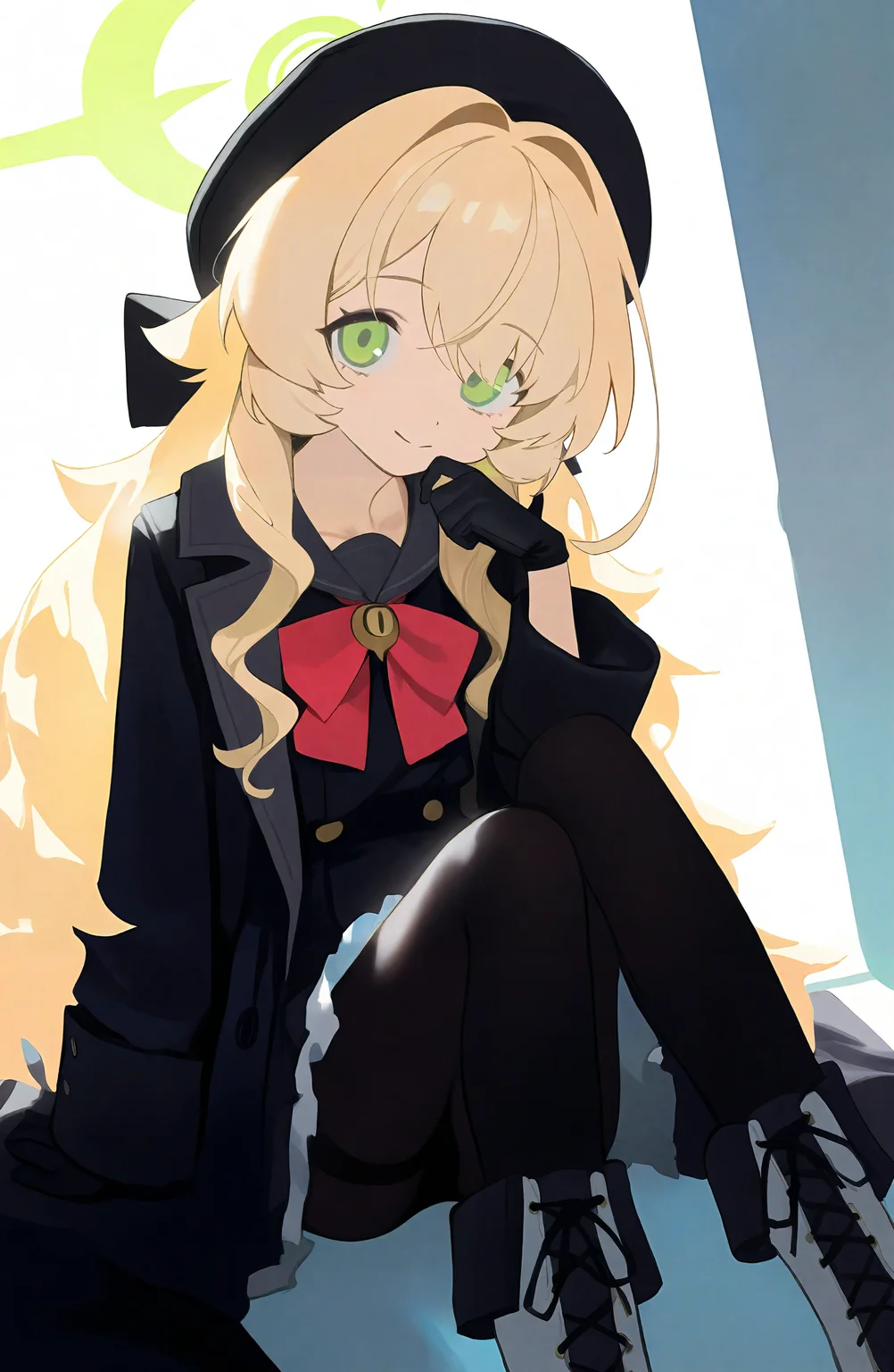 1girl, solo, long_hair, looking_at_viewer, smile, blonde_hair, long_sleeves, gloves, hat, sitting, green_eyes, pantyhose, boots, black_gloves, halo, black_pantyhose, black_headwear