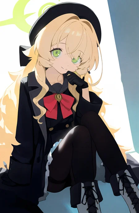 1girl, solo, long_hair, looking_at_viewer, smile, blonde_hair, long_sleeves, gloves, hat, sitting, green_eyes, pantyhose, boots, black_gloves, halo, black_pantyhose, black_headwear