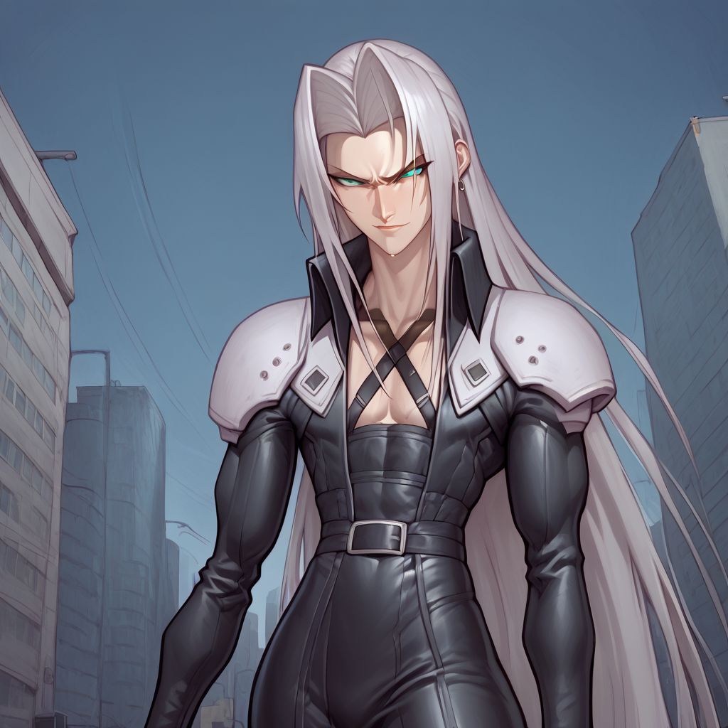 score_9, score_8_up, score_7_up, flightless detailed closeup action shot, from front, Sephiroth leaping through the air swinging very long sword in a wide overhead arc, smug expression, dynamic pose, exaggerated perspective emphasizing action, in an industrial city at night, dim street lighting, solo, beautiful, androgynous, flat chest, leather straps, broad shouldered, long draping leather overcoat, high contrast, industrial cityscape background,