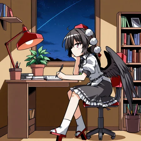 masterpiece, best quality, very aesthetic, absurdres, hemogurobina1c, hemogurobin a1c, 1girl, aya shameimaru, bird wings, black hair, black skirt, black wings, breasts, collared shirt, feathered wings, frilled skirt, frills, geta, hat, pointy ears, medium breasts, pom pom (clothes), puffy short sleeves, puffy sleeves, red eyes, red hat, short hair, short sleeves, skirt, tengu-geta, tokin hat, wings, zzLofi, sitting, side view, desk, chair, book, bookshelf, head rest, holding, holding pen, lamp, night, open book, pen, plant, potted plant, sky, star (sky), starry sky, window, windowsill, writing, hip level shot,