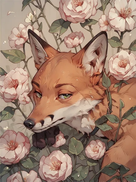 score_9, score_8_up, score_7_up, score_6_up, score_5_up, score_4_up, fox, <lora:w4t3rc0l0urXLP:0.8> w4t3rc0l0ur, flowers,