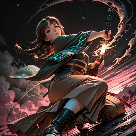 SmoothNoob_Quality, dynamic composition, 1girl, hand on katana, unsheathing, kimono, dark green kimono, Haori, reddish brown haori, Obi, sash, brown Hakama, long white socks, sandals, solo, brown hair, curly shoulder-length brown hair, front twin braids, looking at viewer, bangs, greyish-brown eyes, long hair, closed mouth, embers, black background, boots, dynamic pose, dutch angle,foreshortening, twilight, glowing, ink background, abstract background, bright colors, dark, pink theme, gray smoke, neon trim,