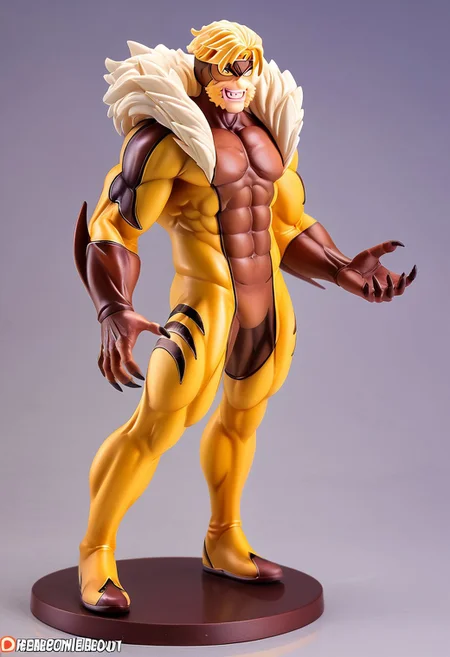 PVC figure, rendering, (((full body))), 1man, male, solo,   1boy, x_s@bretooth, blonde hair, sideburns, white sclera, fangs, bodysuit, claws, muscular, hairy body,, Precise hands, insanely detailed, perfectionism, max detail, hard edge, hyperrealism,  Highest quality eyes, on a circular stand, two legs, two arms,