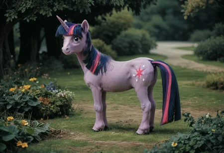 score_9, score_8_up, score_7_up, score_6_up, score_5_up, score_4_up, Realistic, solo, slender, slim, twilight sparkle, no humans, horn, unicorn, horse, pony, female, mare, unicorn, calm, unkempt mane, rear view, looking back, looking over shoulder, smirk, (fur:0.9), big eyes, realistic, photo, detailed, beautiful, small eyes, realistic eyes