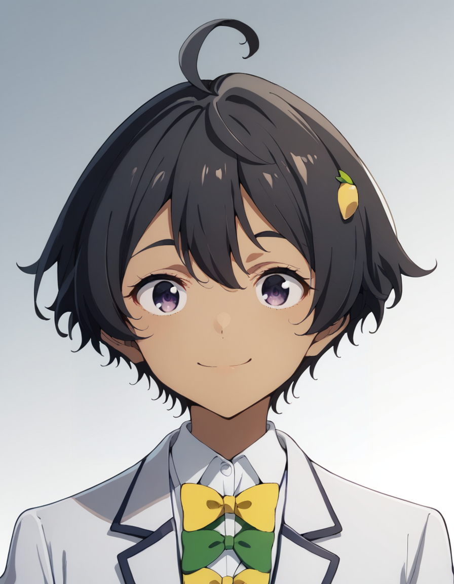 score_9, score_8_up, score_7_up, source_anime, BREAK
1girl, solo, looking at viewer, gradient background, light smile, portrait,
lemon yakishio, short hair, black hair, hair between eyes, ahoge, lemon hair ornament, dark purple eyes, dark skin,
winter school uniform, white blazer, white collared shirt, long sleeves, yellow bowtie, green bowtie,
<lora:lemon_yakishio_anime_v3-soralz:1>