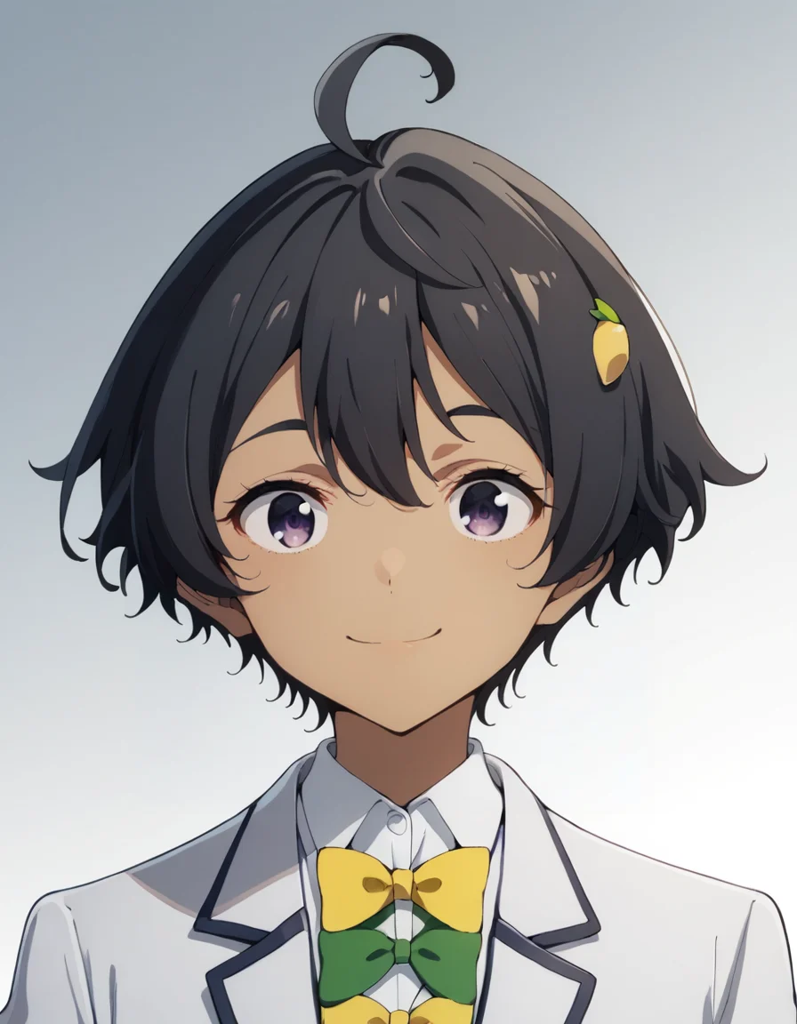 score_9, score_8_up, score_7_up, source_anime, BREAK
1girl, solo, looking at viewer, gradient background, light smile, portrait,
lemon yakishio, short hair, black hair, hair between eyes, ahoge, lemon hair ornament, dark purple eyes, dark skin,
winter school uniform, white blazer, white collared shirt, long sleeves, yellow bowtie, green bowtie,
<lora:lemon_yakishio_anime_v3-soralz:1>